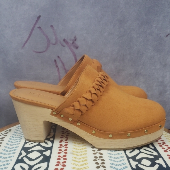 J. Crew Camel Faux Suede Clogs Wood Heel EUC women's SZ 7.5 - Picture 8 of 12